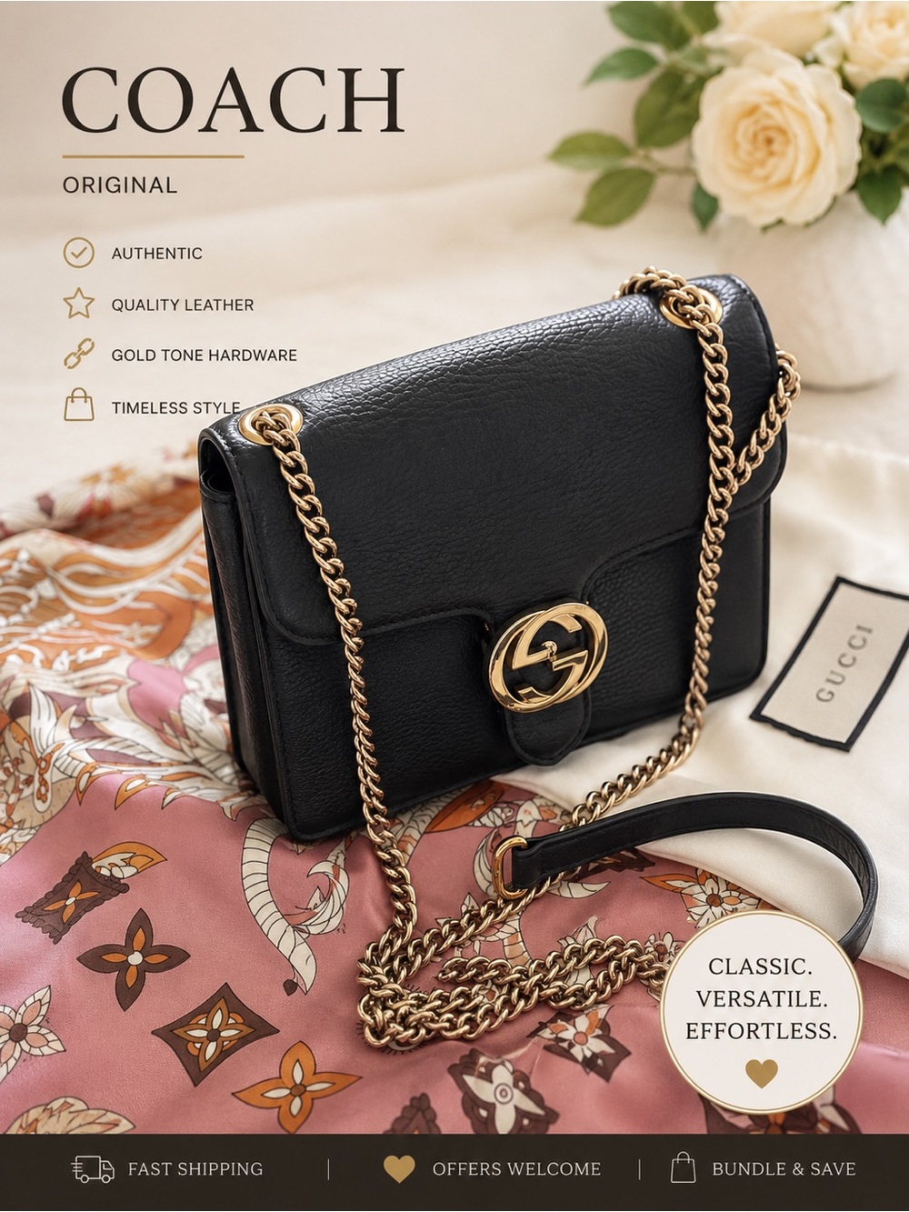 Coach Black Leather Crossbody Bag with Gold Chain